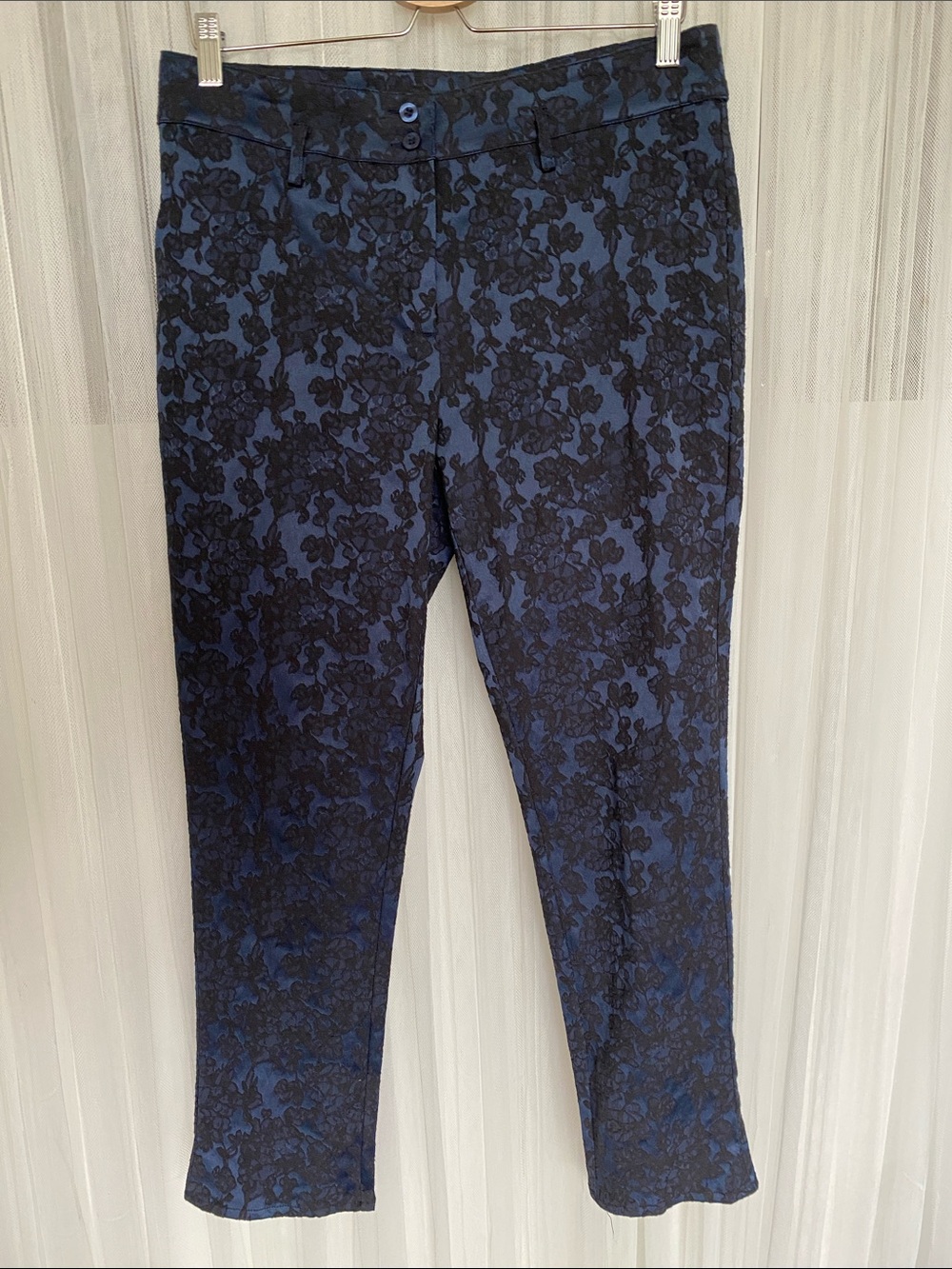 Women’s Navy Blue/Black Floral Jacquard Straight Legs Pants by Elloquent Sz 10
